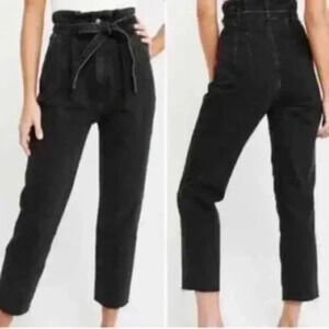 Abercrombie & Fitch Black Cropped Paper Bag High Rise‎ Mom Jeans Raw Hem Size 24
